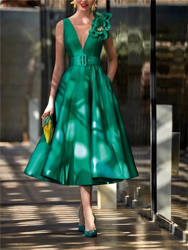 Wholesale A-Line/Princess V Neck Sleeveless Tea-Length Mother Of The Bride Dresses With Belt Ruffles Applique